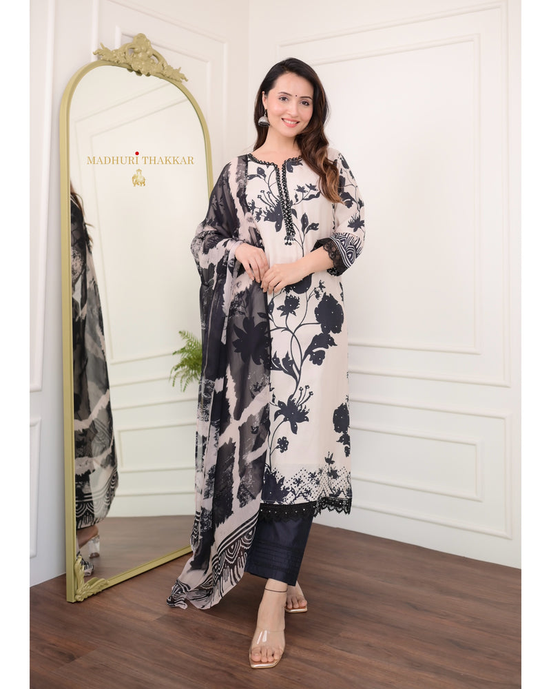 Ivory - Black Floral Muslin Suit Set