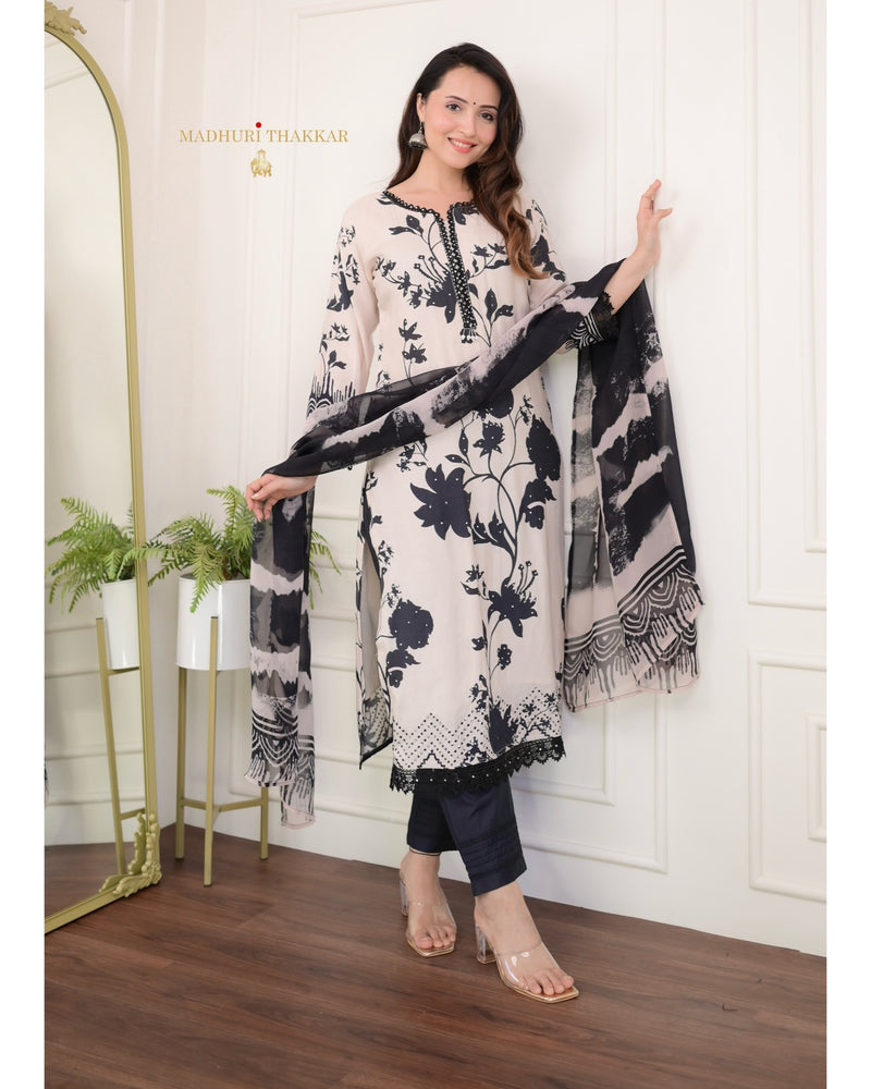 Ivory - Black Floral Muslin Suit Set