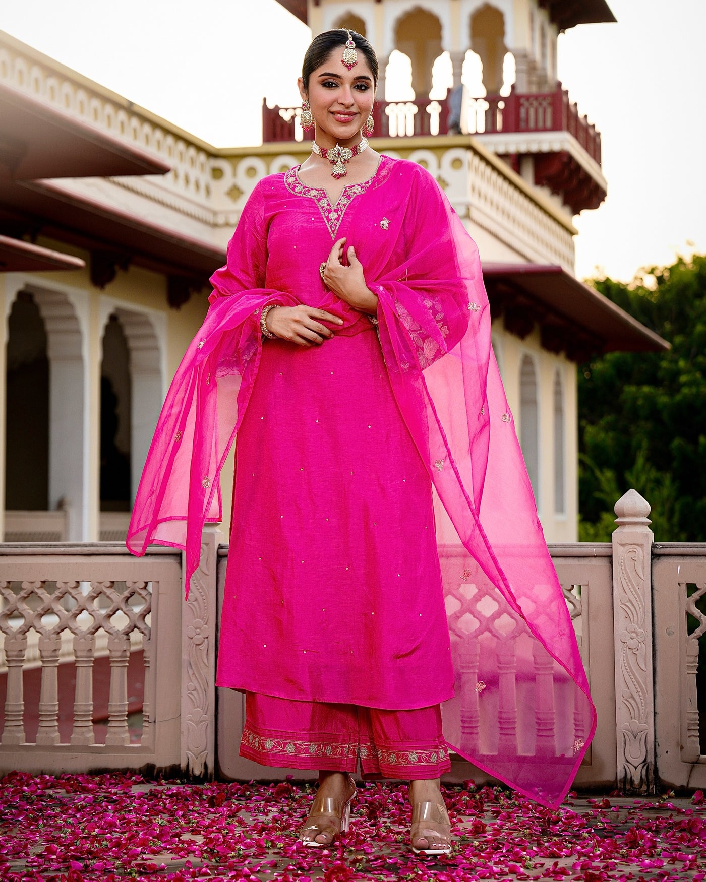 Gulabi Pink Noor Handwork Chanderi Silk A Line Festive Suit