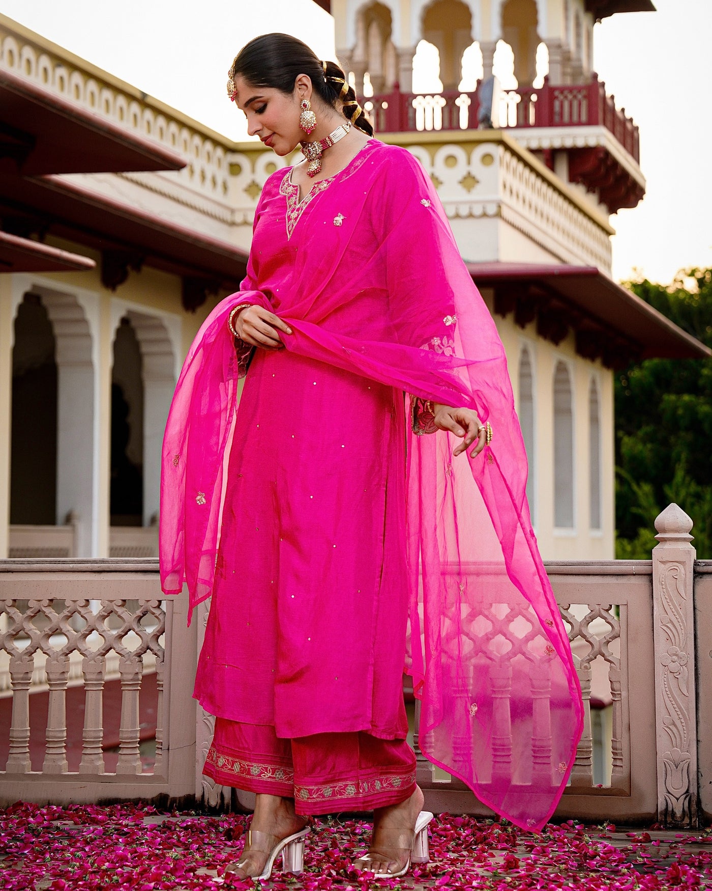 Gulabi Pink Noor Handwork Chanderi Silk A Line Festive Suit
