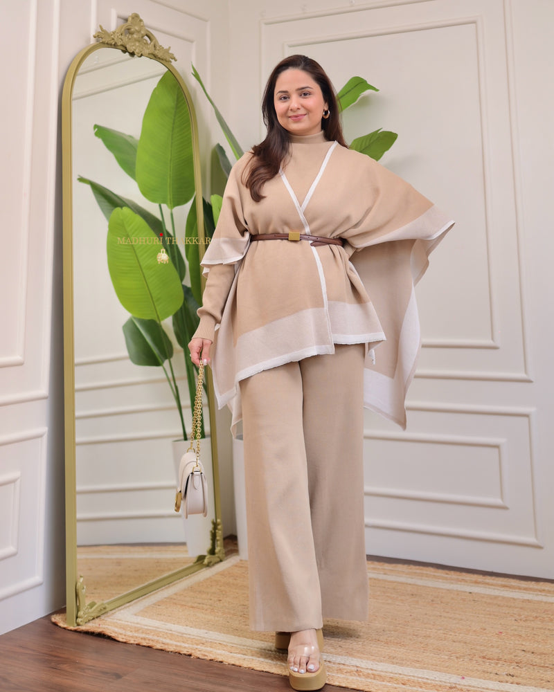Beige Airport Winter Co-ord Set with Cape