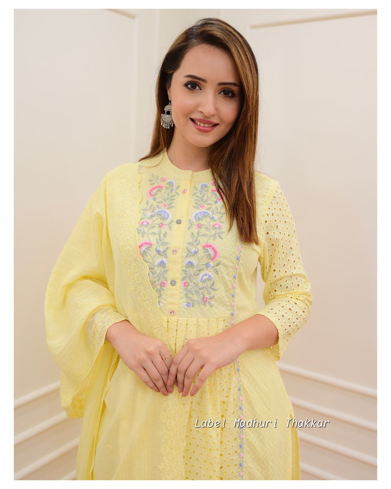 Yellow Cutwork Embroidered A Line Suit