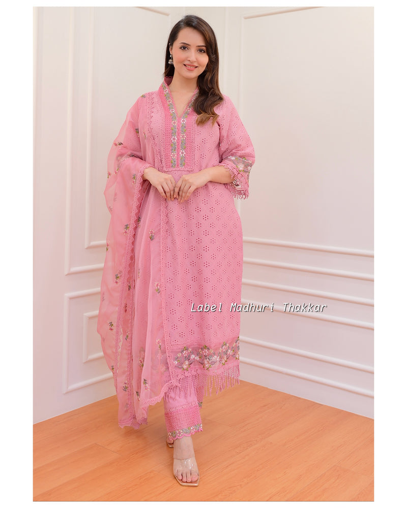 Onion Pink Schiffli Embroidered Cotton Suit