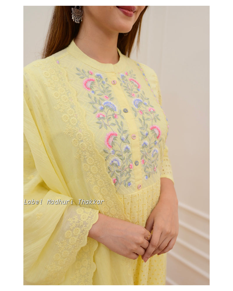 Yellow Cutwork Embroidered A Line Suit