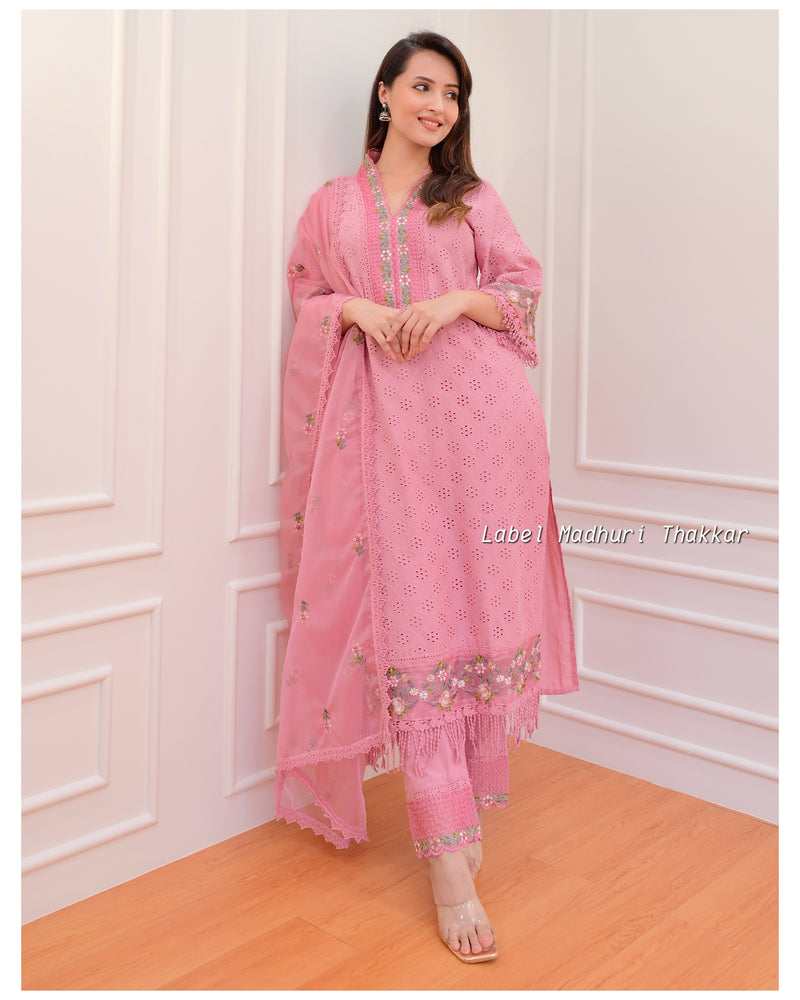 Onion Pink Schiffli Embroidered Cotton Suit