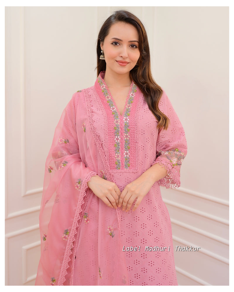 Onion Pink Schiffli Embroidered Cotton Suit