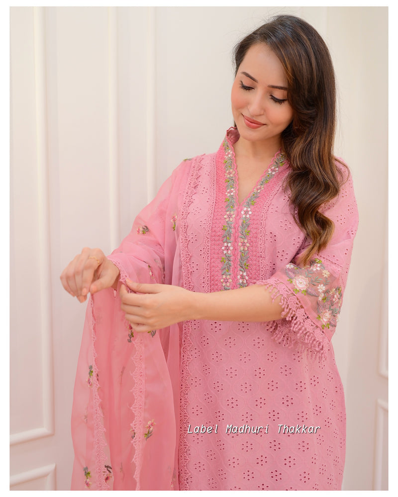 Onion Pink Schiffli Embroidered Cotton Suit