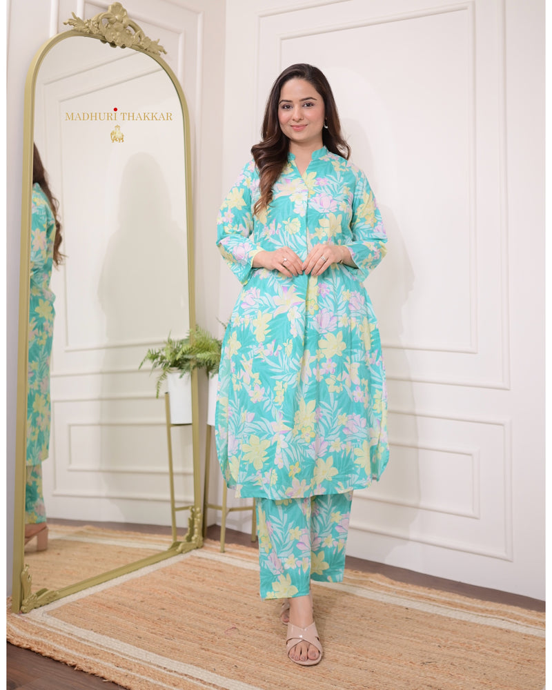 Aqua Blue Floral Cotton Co-ord