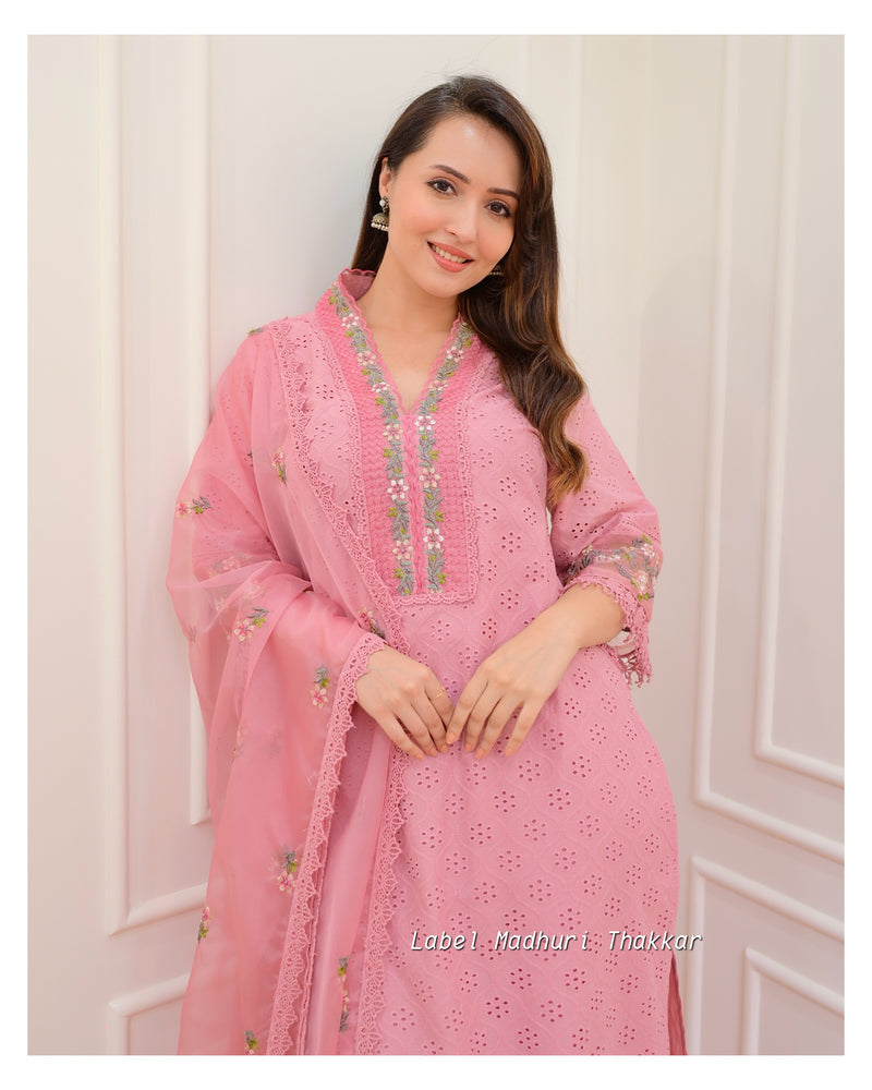 Onion Pink Schiffli Embroidered Cotton Suit