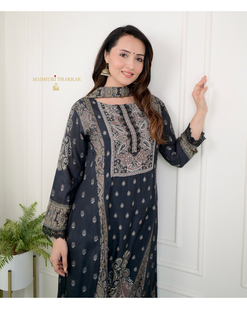 Black Pakistani Printed Muslin Anarkali Suit