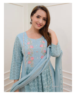Powder Blue Cutwork Embroidered A Line Suit