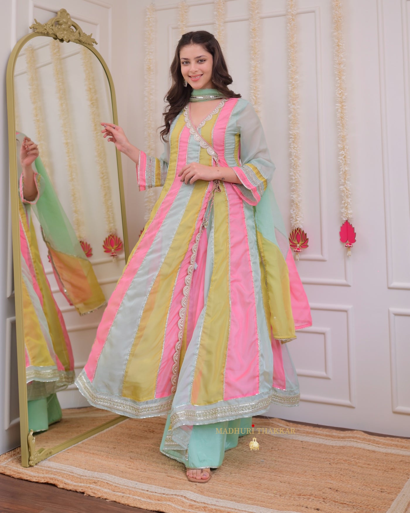 Multi Organza Pearlwork Anarkali Sharara Suit
