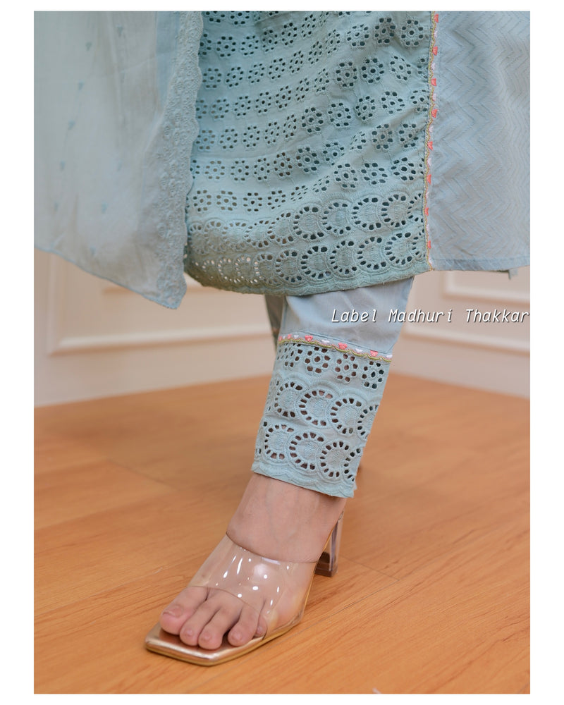 Powder Blue Cutwork Embroidered A Line Suit