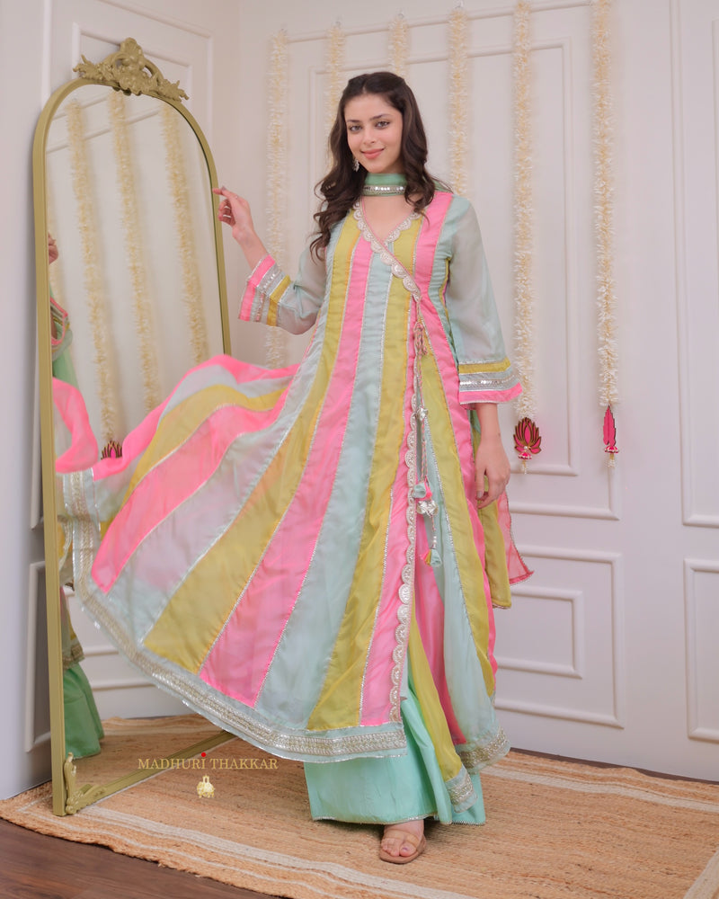 Multi Organza Pearlwork Anarkali Sharara Suit
