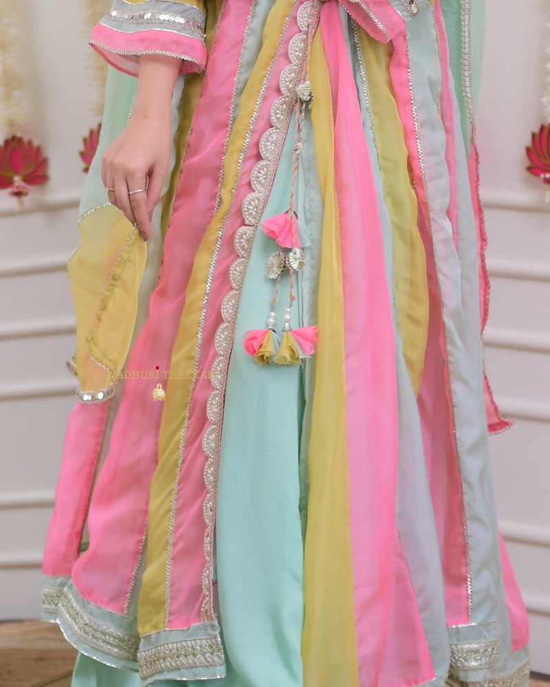 Multi Organza Pearlwork Anarkali Sharara Suit
