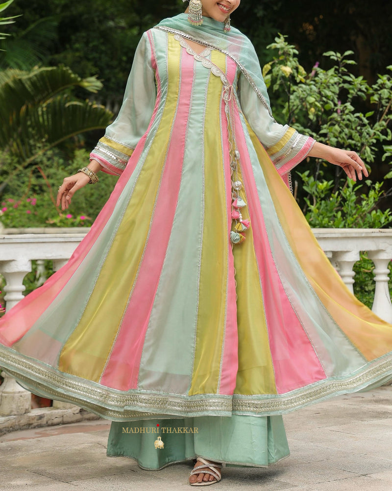 Multi Organza Pearlwork Anarkali Sharara Suit
