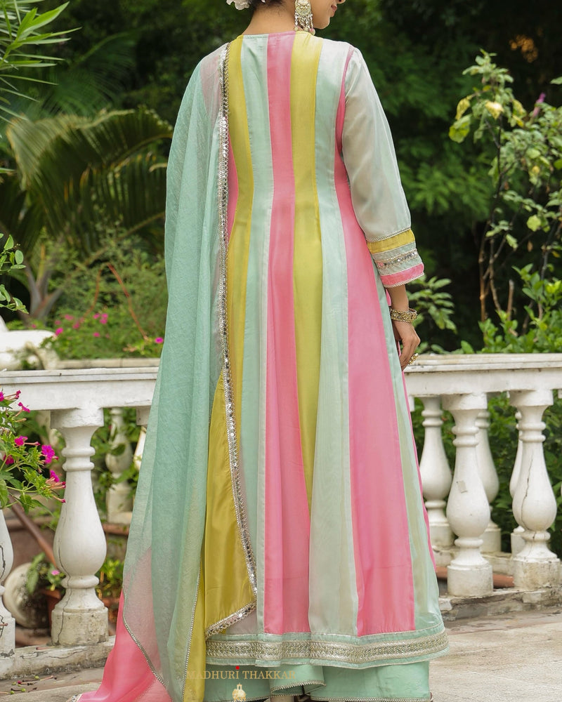 Multi Organza Pearlwork Anarkali Sharara Suit