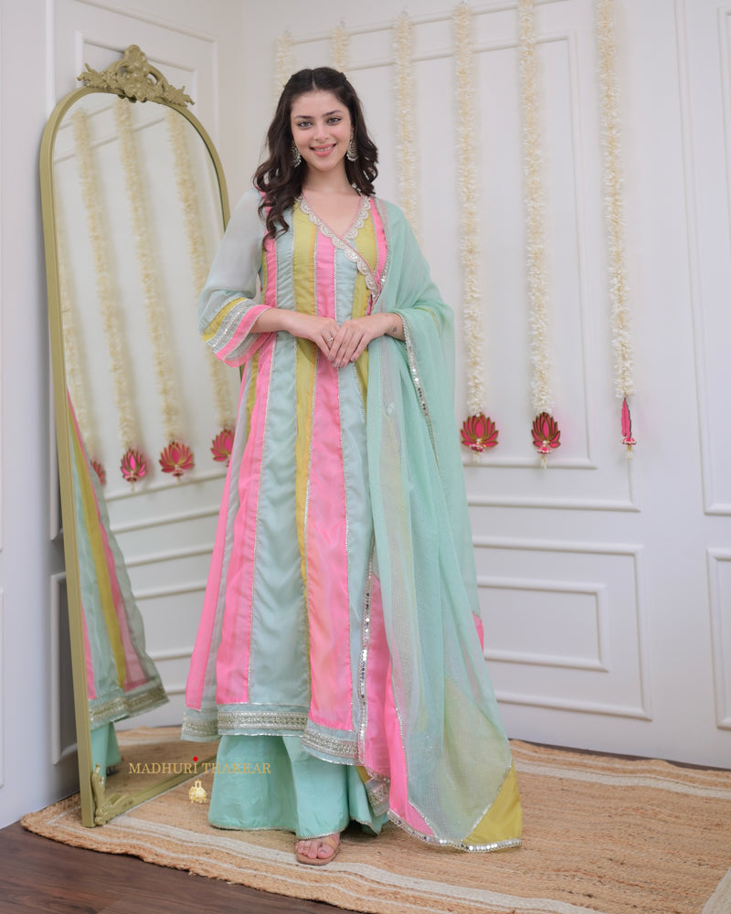 Multi Organza Pearlwork Anarkali Sharara Suit