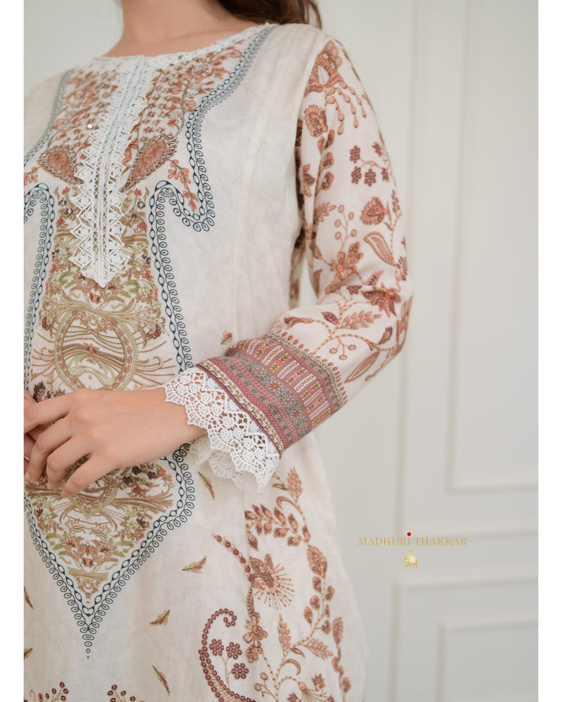 Ivory Pakistani Printed Muslin Anarkali Suit