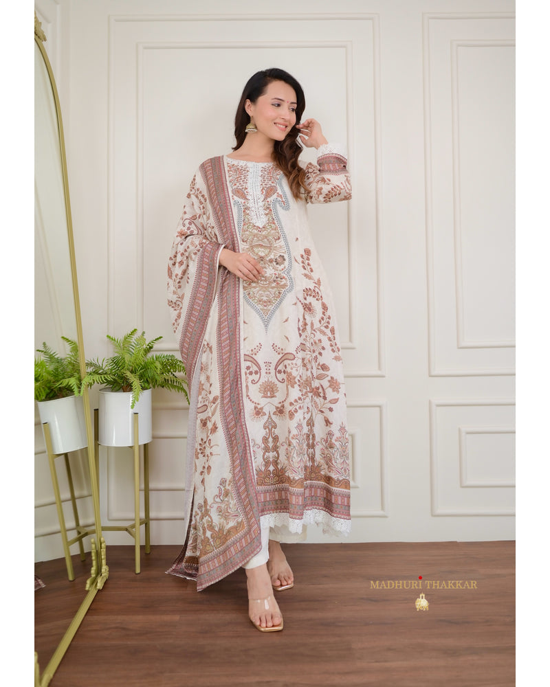 Ivory Pakistani Printed Muslin Anarkali Suit
