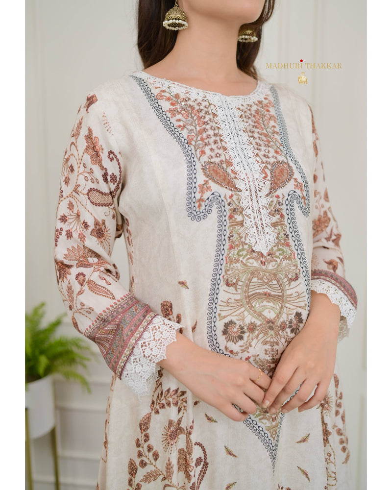 Ivory Pakistani Printed Muslin Anarkali Suit