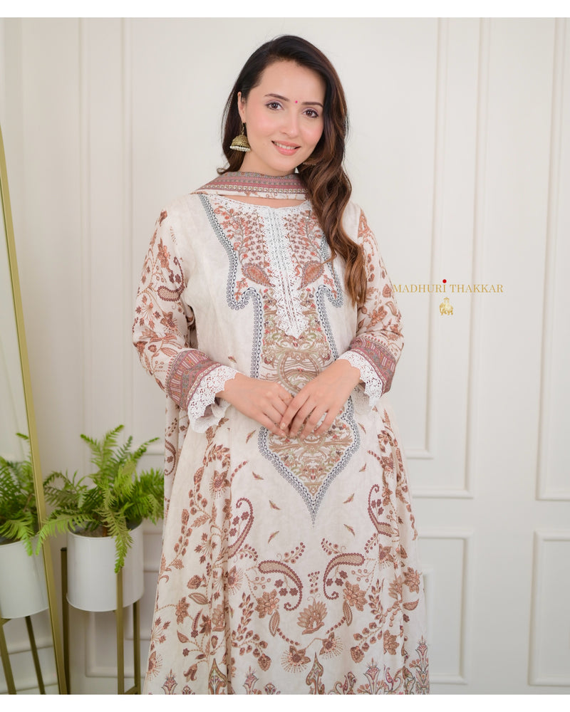 Ivory Pakistani Printed Muslin Anarkali Suit