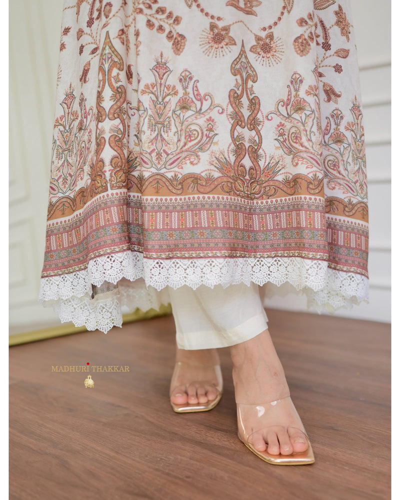 Ivory Pakistani Printed Muslin Anarkali Suit