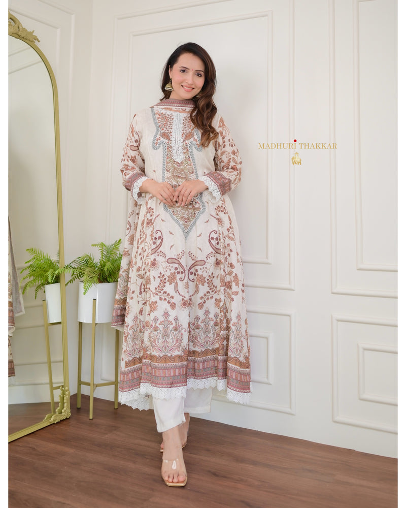 Ivory Pakistani Printed Muslin Anarkali Suit