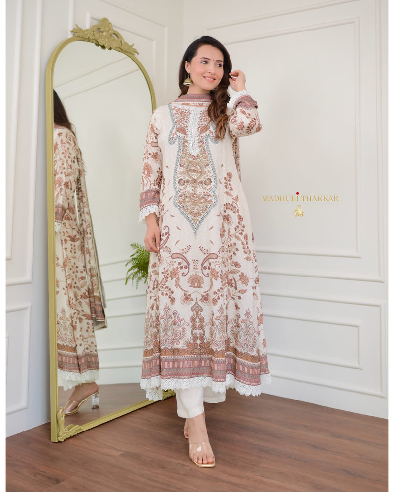 Ivory Pakistani Printed Muslin Anarkali Suit