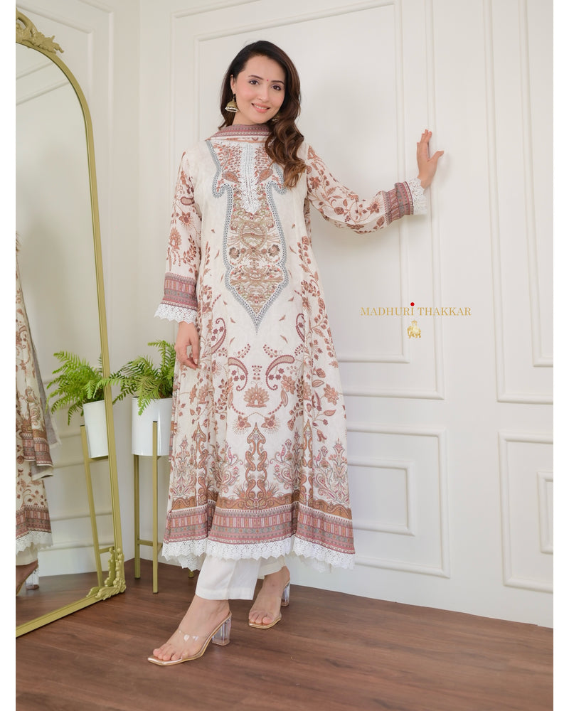 Ivory Pakistani Printed Muslin Anarkali Suit