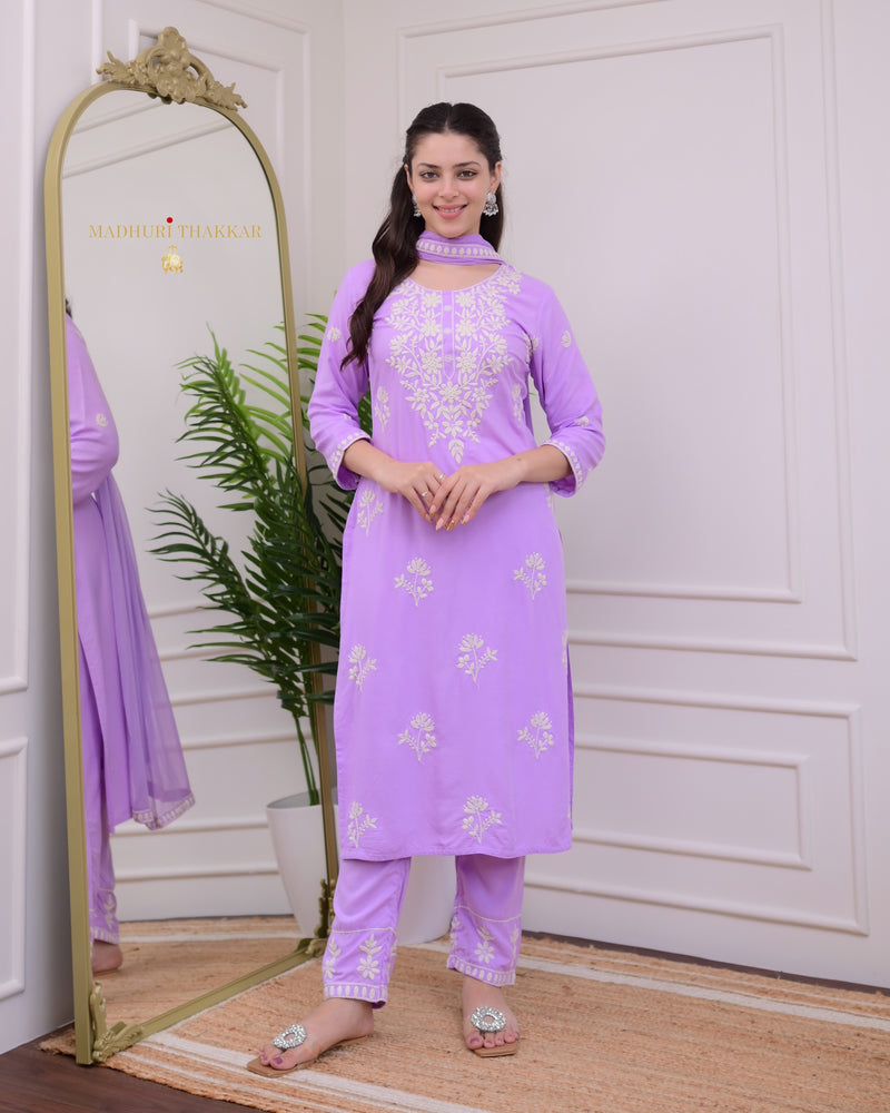 Lilac Lucknowi Chikankari Cotton Suit