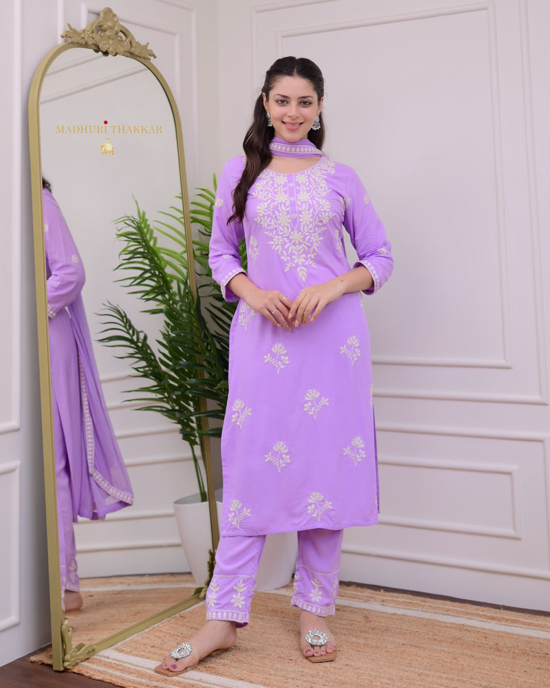 Lilac Lucknowi Chikankari Cotton Suit