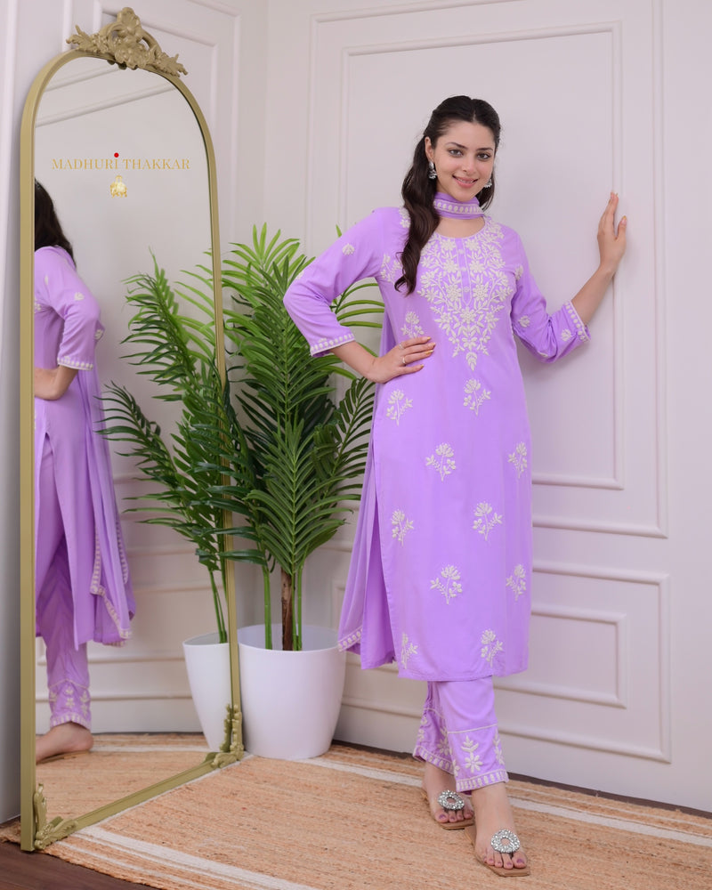 Lilac Lucknowi Chikankari Cotton Suit
