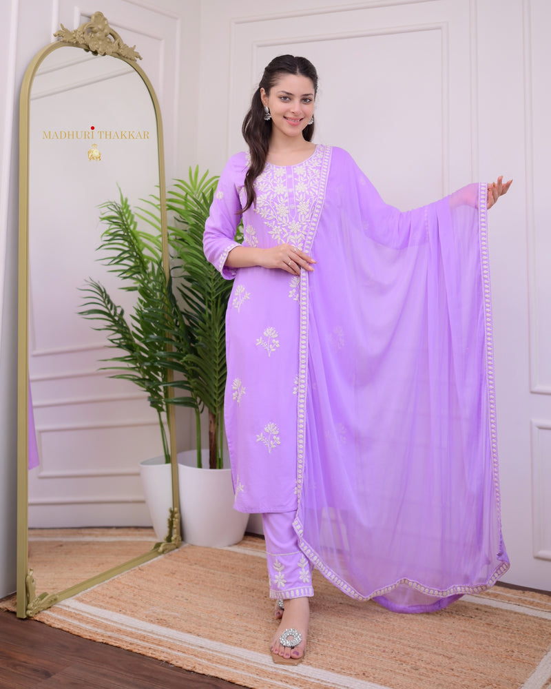 Lilac Lucknowi Chikankari Cotton Suit