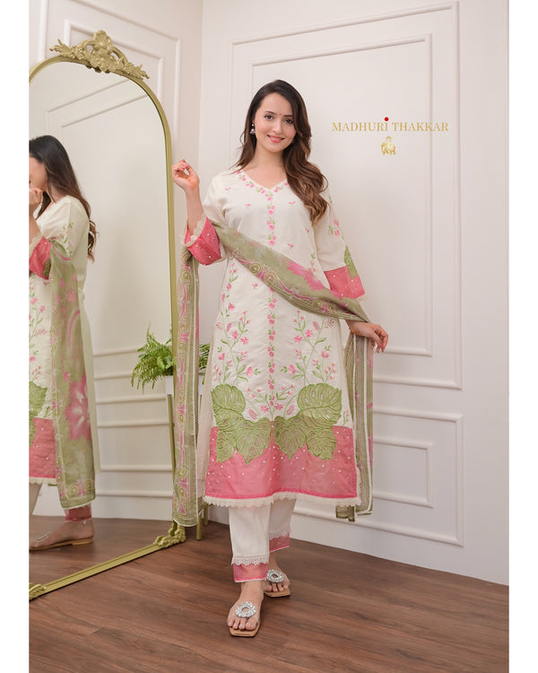 Ivory Pink Threadwork Cotton Silk Suit