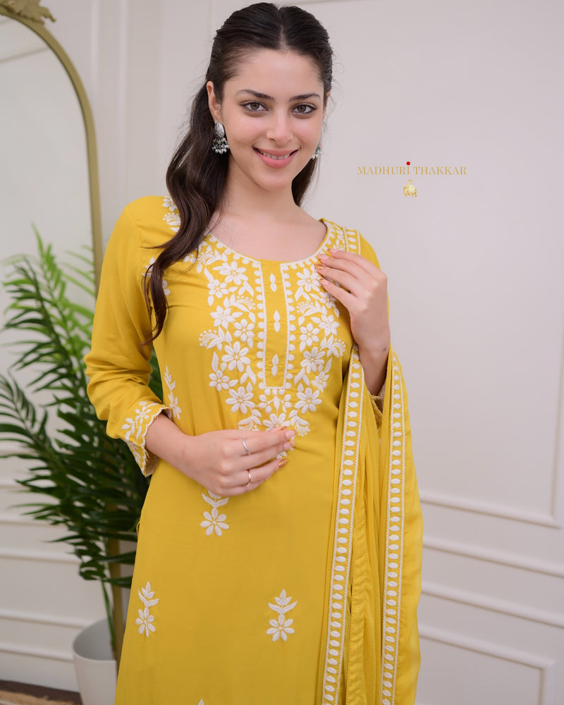 Mustard Yellow Lucknowi Chikankari Cotton Suit