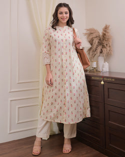 Ivory-Pink Vintage Floral Cotton A Line Kurta Set