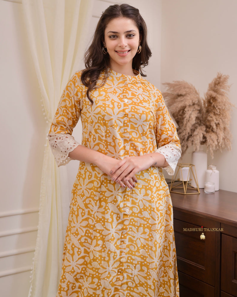 Mustard Yellow Floral Cotton A Line Kurta Set