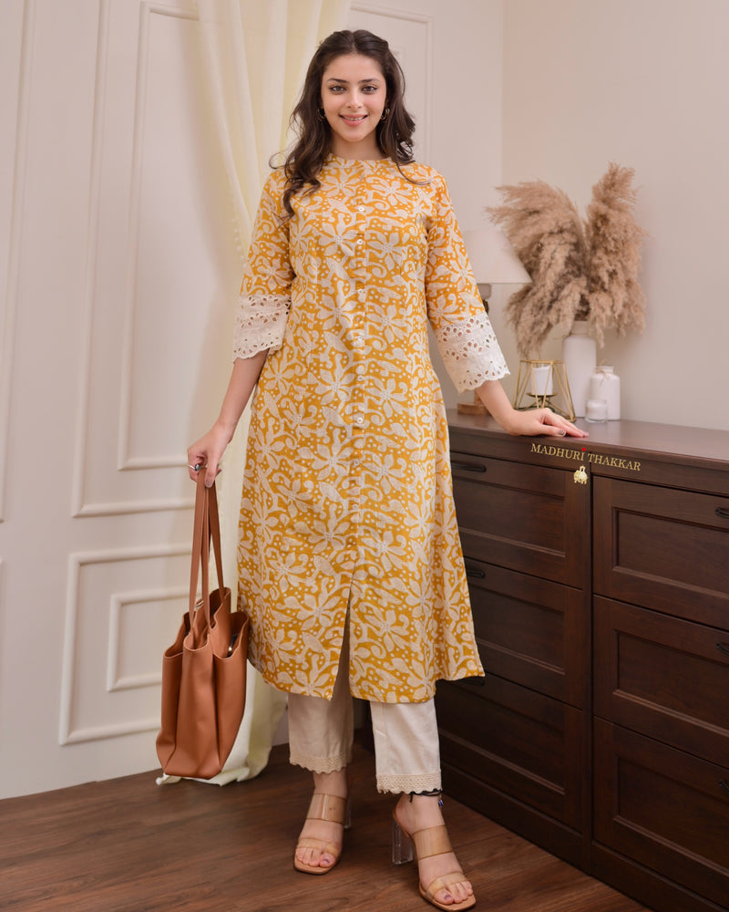 Mustard Yellow Floral Cotton A Line Kurta Set