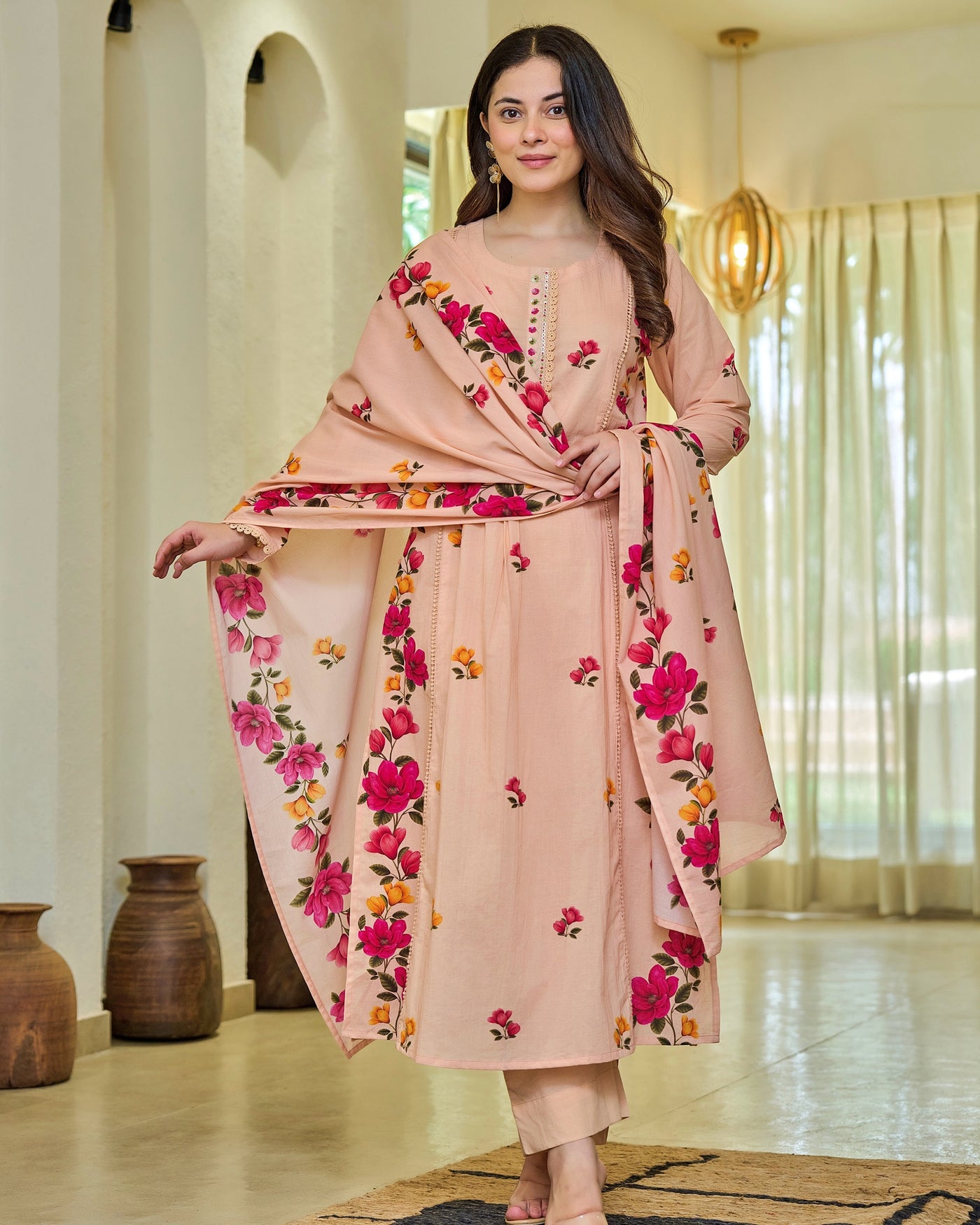 Peach Petals Handwork A Line Mul Cotton Suit