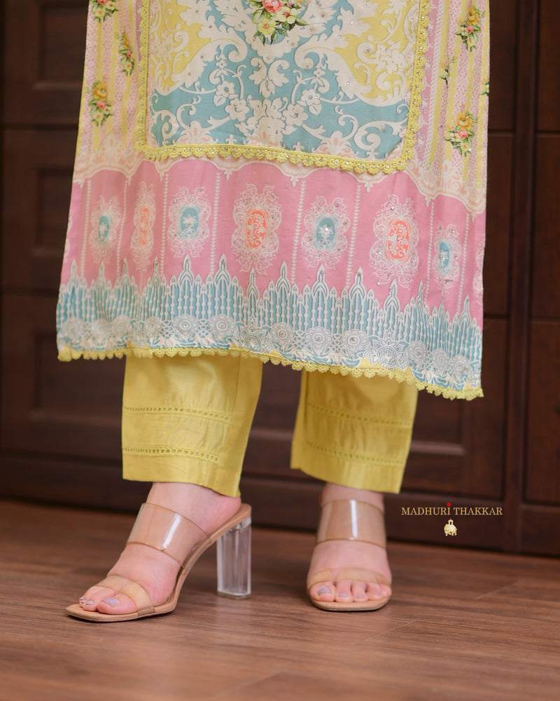 Yellow Digital Printed Muslin Suit