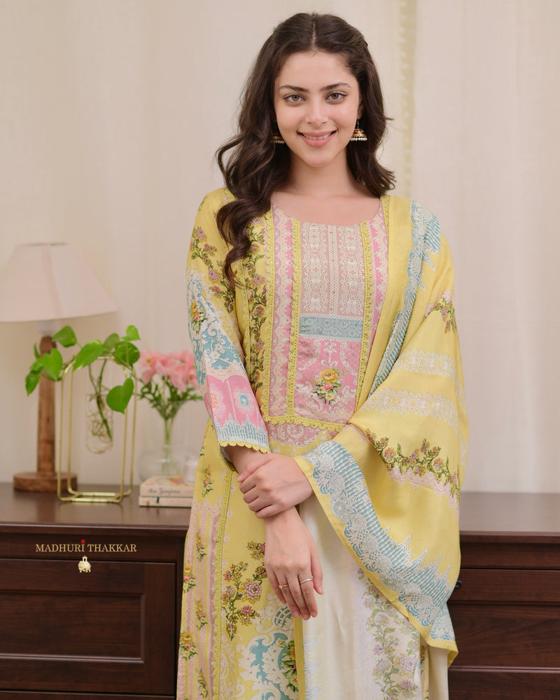 Yellow Digital Printed Muslin Suit