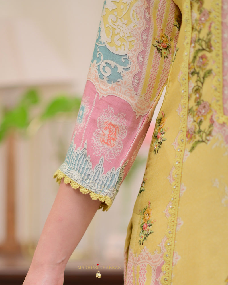 Yellow Digital Printed Muslin Suit