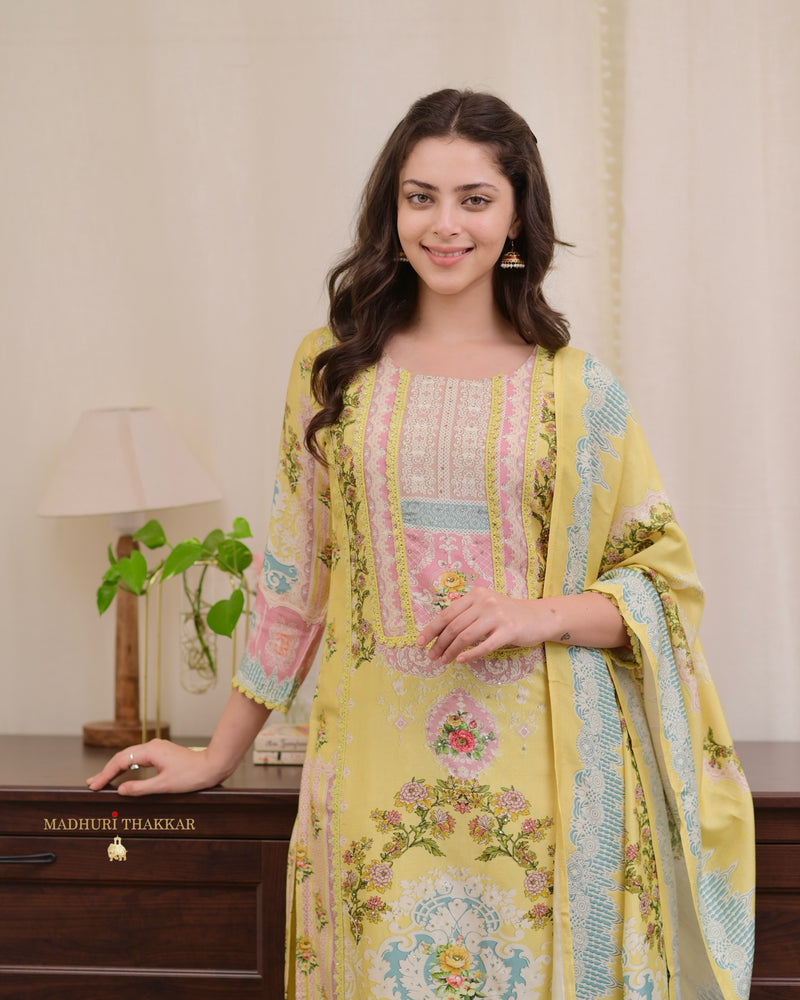 Yellow Digital Printed Muslin Suit