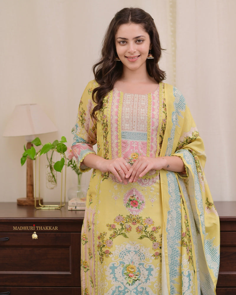 Yellow Digital Printed Muslin Suit