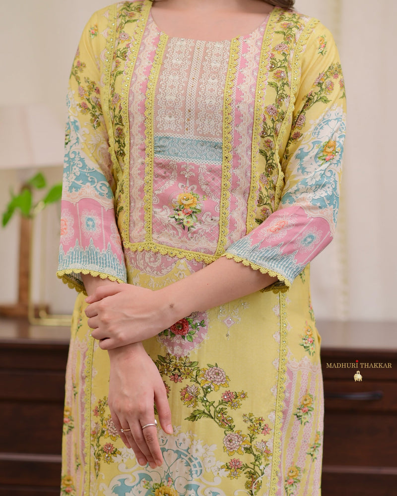 Yellow Digital Printed Muslin Suit