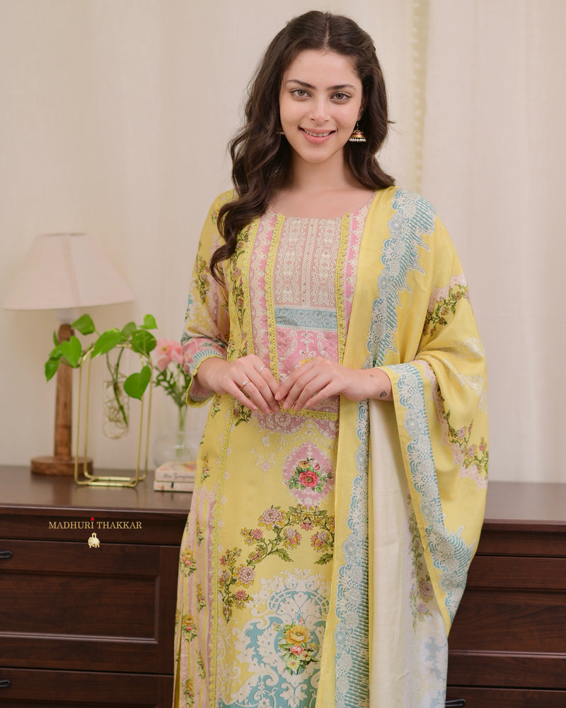 Yellow Digital Printed Muslin Suit