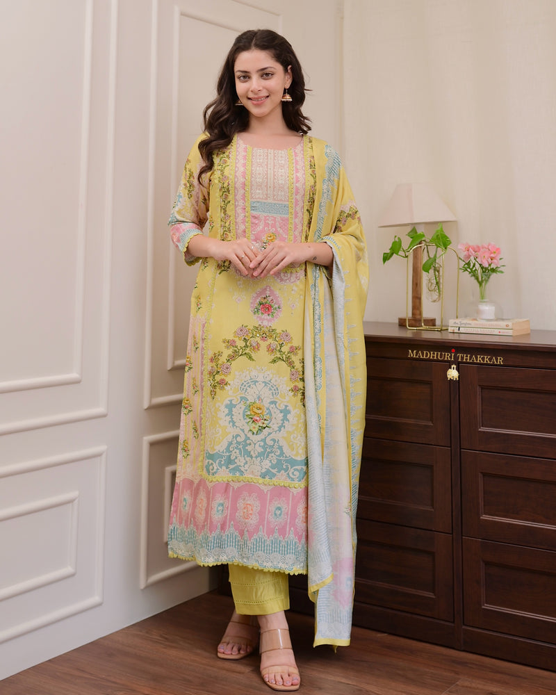 Yellow Digital Printed Muslin Suit
