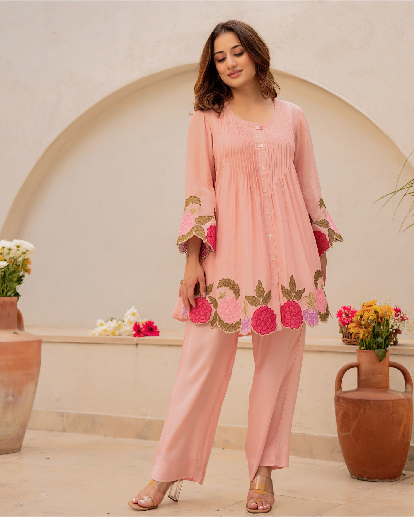 Peach Blossom Mul Chanderi Festive Co-ord