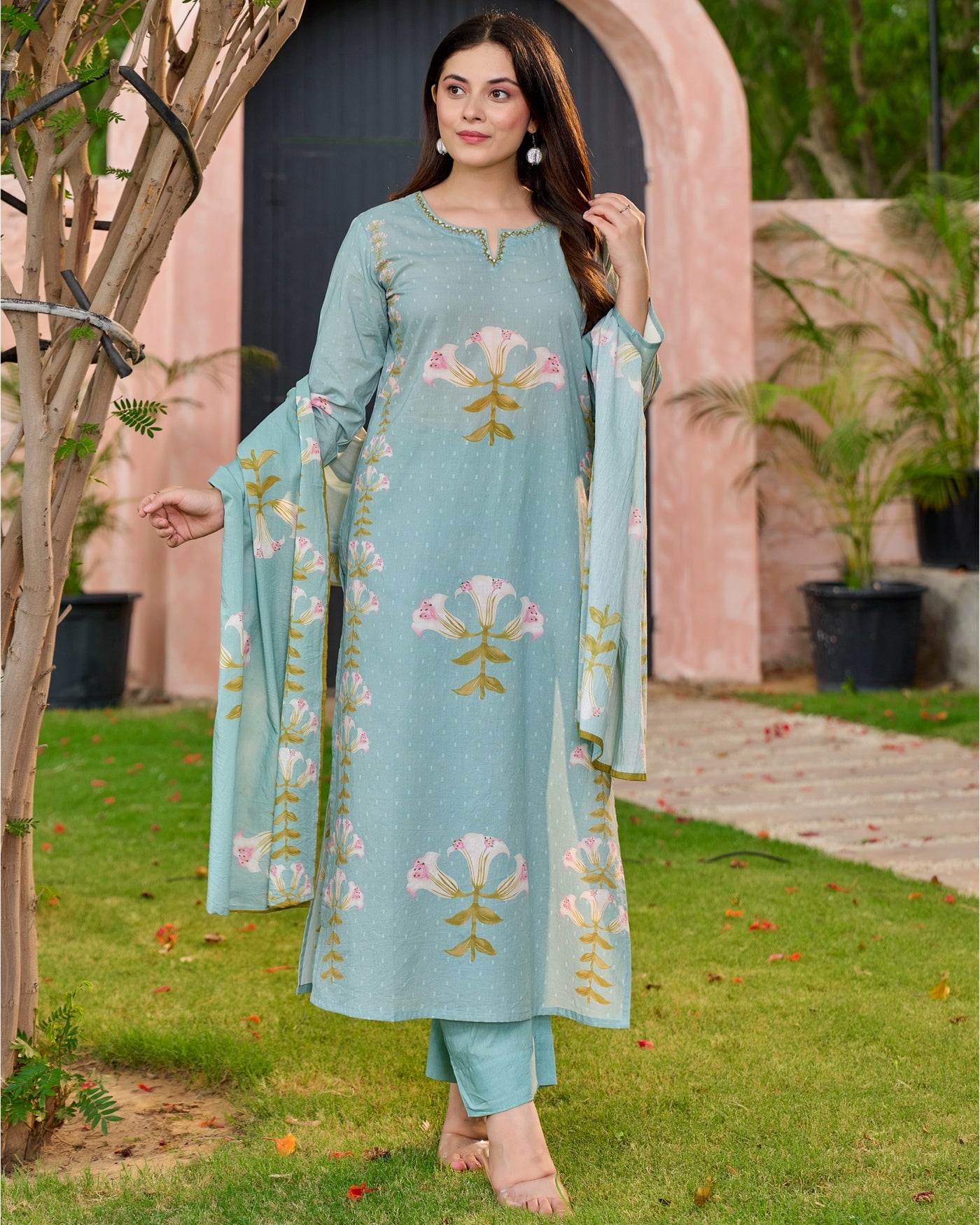 Turquoise Blue Lilies Bloom Cotton Suit